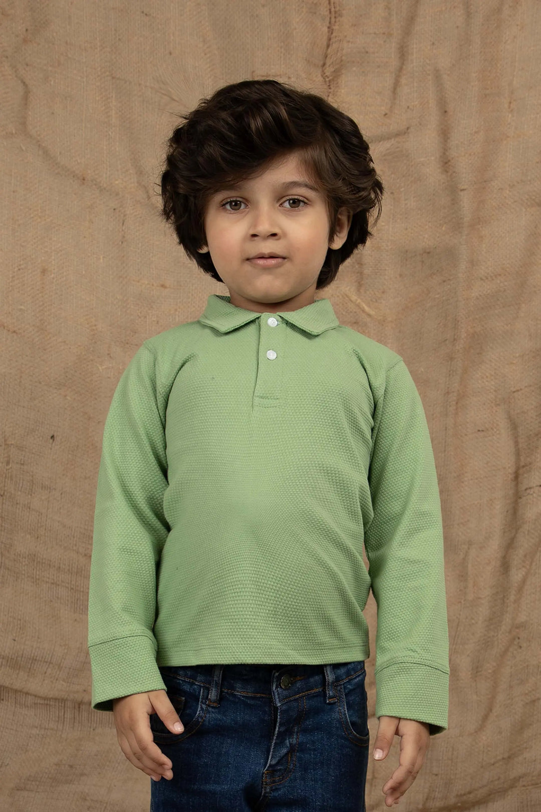 Green Textured Polo Full Sleeve Shirt  2032 Minnie Joy