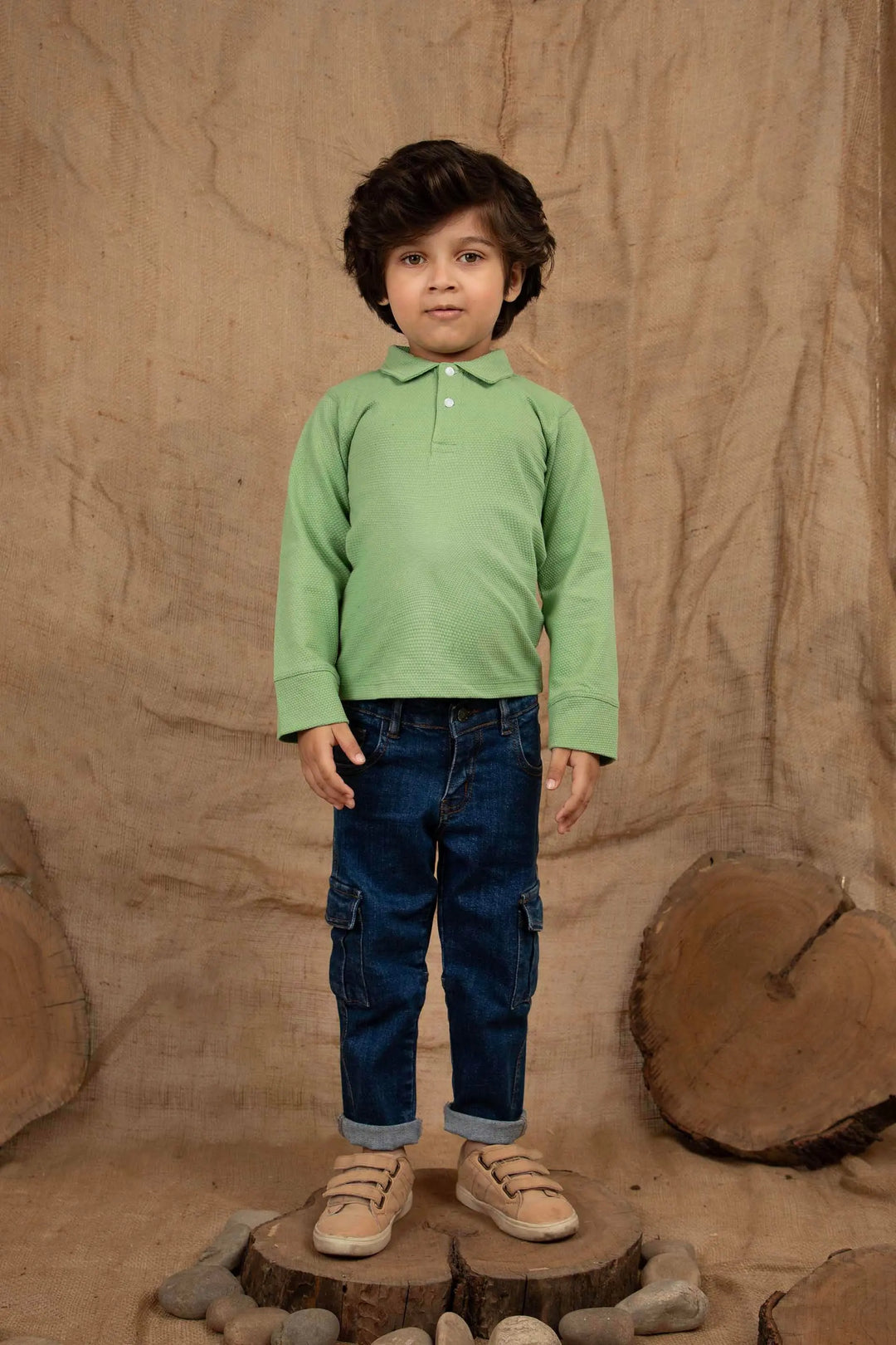 Green Textured Polo Full Sleeve Shirt  2032 Minnie Joy